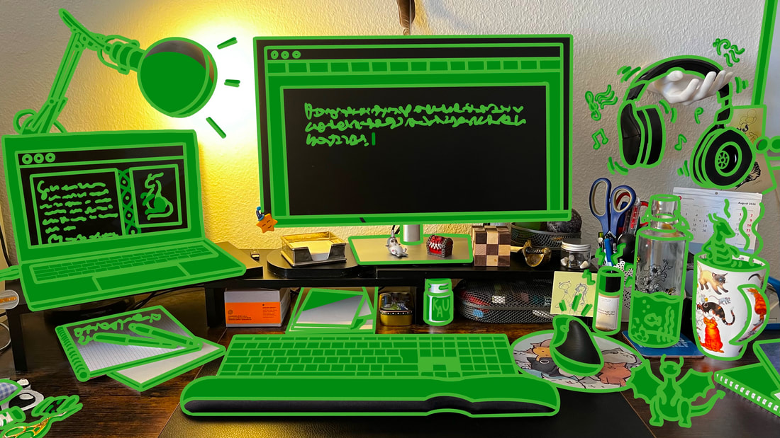 Bild von Julia von Hoffmanns Schreibtisch, mit gehighlighteten Objekten: Computer, Tastatur, Notizbüchern, Kopfhörer, Wasserflasche, Teetasse, Schmerzgel gegen Nackenschmerzen